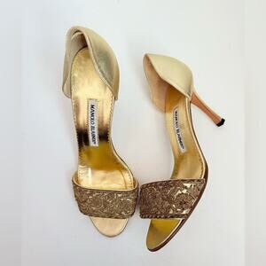Manolo Blahnik Vintage Gold Floral embroidered open toe D’orsay Sandals EU 37.5